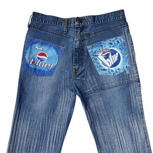 Y2K Vintage Pepsi Blue Jeans Faded Low Rise Cola Soda Distressed Slim Fit.